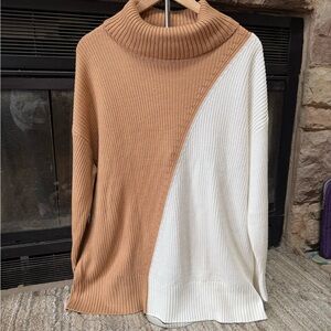 Alfani Two-Tone Cowlneck Sweater in Camel and Cream